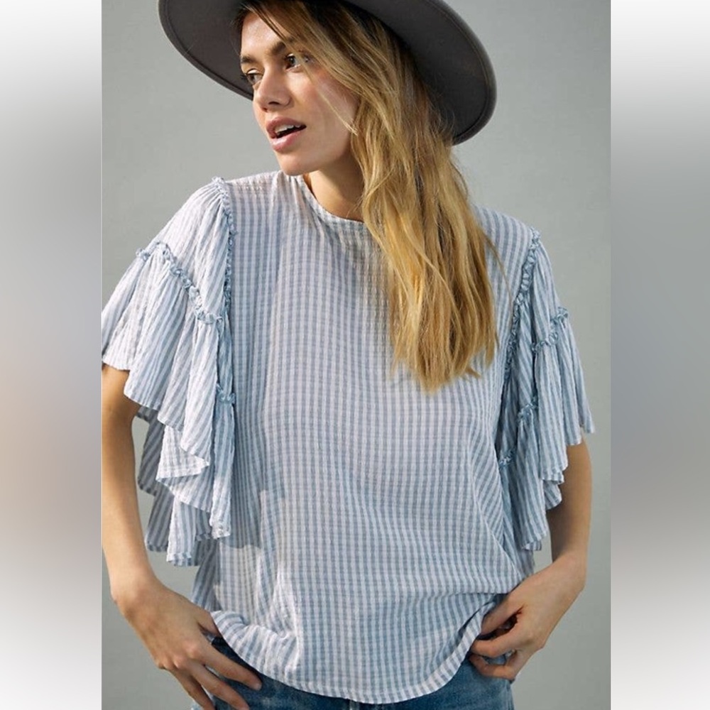 Anthro Pilcro Sybil Blue and White Flowy Striped Ruffle Sleeve Top Size Medium